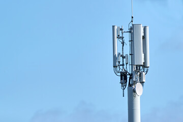 5G Network Connection Concept-5G smart cellular network antenna base station on the...