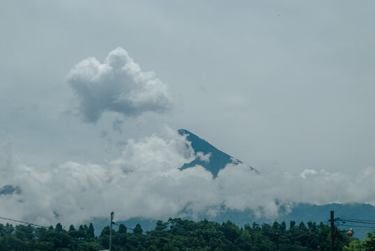 Quetzaltenango, Guatemala - May 2020, Volcano Santa Maria seen from the road that leads between Zunil and El Palmar, during partial quarantine by Coronavirus COVID-19 in Guatemala