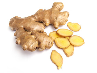 Top view of ​​fresh ginger root and slice isolated on white background