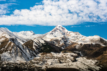 Mountain Kazbagi, a big snow mountain at Caucasus in Georgia, in winter time, at daylight.