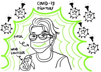 Hand sketch illustration of COVID-19 fighter which is required to wear mask and hand sanitizer