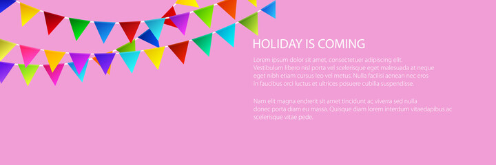 Banner of festive background, holiday colorful bunting flags on pink background , vector illustration