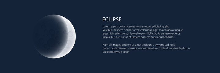 Lunar eclipse banner, one of the phases of the gray moon, earth shadow on the moon, space planet with craters in the universe, vector illustration