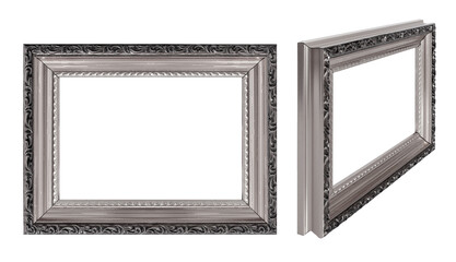 Silver frame for paintings, mirrors or photo in perspective view isolated on white background