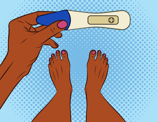 Color vector illustration pop art comic style. A girl makes a pregnancy test. African american girl with a positive pregnancy test . Female hand holds test. Design concept banner about motherhood