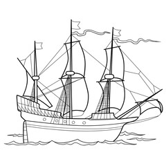 sketch of an old sailing ship, coloring book, isolated object on white background, vector illustration,