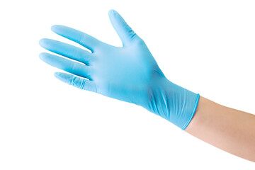 Doctor's hand in medical gloves showing palm isolated on white