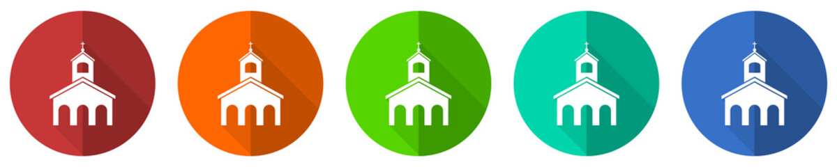 Religion, church icon set, red, blue, green and orange flat design web buttons isolated on white background, vector illustration