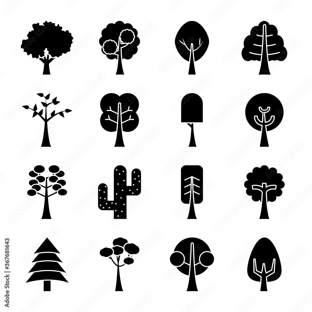 Poster trees silhouette style icon set vector design