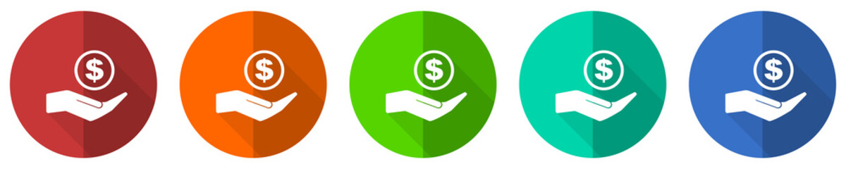 Money, cash icon set, red, blue, green and orange flat design web buttons isolated on white background, vector illustration