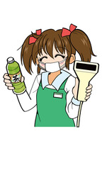 コンビニエンスストアでアルバイトをしている少女（マスク着用）