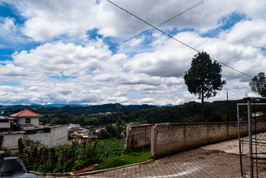 Quetzaltenango, Guatemala - May 2020, Volcano Santa Maria seen from the road that leads between Zunil and El Palmar, during partial quarantine by Coronavirus COVID-19 in Guatemala