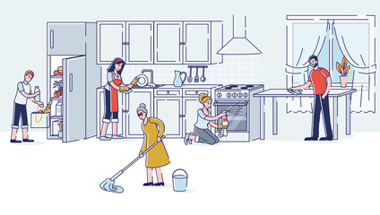 Family cleaning kitchen together. Parents, grandmother and kids doing housework
