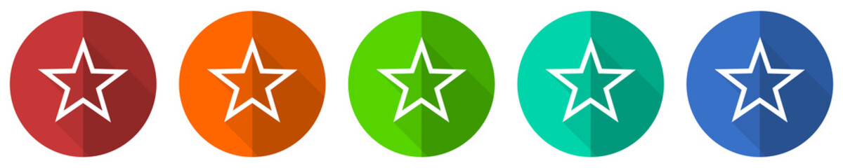 Fototapeta premium Star icon set, red, blue, green and orange flat design web buttons isolated on white background, vector illustration