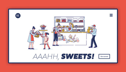 Candy shop landing page with bakery store interior, sellers and buyers buying sweets