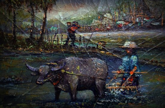 Art painting Oil color northeast  Countryside   ,  a buffalo  in the provinces Thailand