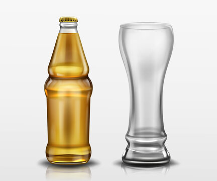 Clear bottle with beer and empty tall glass. Vector realistic mockup of blank lager or craft beer bottle with yellow cap and mug. Template of alcohol beverage design