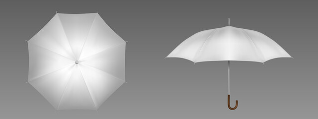 White umbrella front and top view. Vector realistic mockup of blank parasol with wooden handle, classic accessory for rain protection in spring, autumn or monsoon season © klyaksun