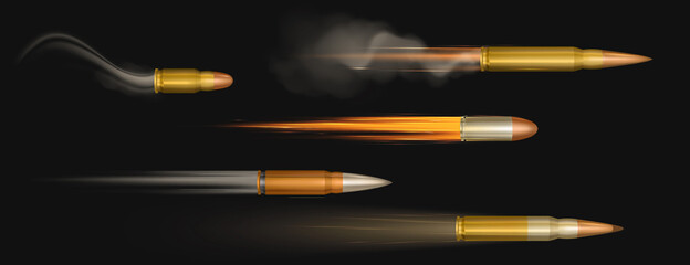 Flying bullets with fire and smoke traces. Shooting military handgun shoot trails, gunshots in motion, weapon metal shots, ammo isolated on black background, realistic 3d vector set - obrazy, fototapety, plakaty