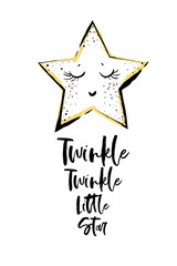 Obraz premium Cute star face and twinkle twinkle little star text. Baby cute sky t-shirt design print. Simple doodle hand drawn illustration in watercolor style. Black, yellow, gray graphic on white background.
