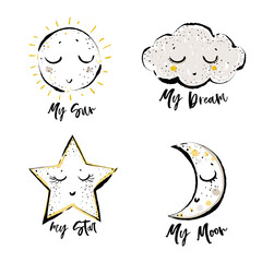 Set of cute baby print elements: cloud, cute star, sun, moon. Simple doodle hand drawn illustration in watercolor scandinavian style. Black, yellow, gray graphic on white background.