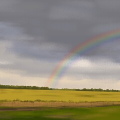 Rainbow over a wheat field. Background image.