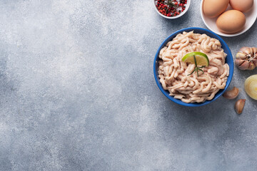 Raw minced chicken on a plate with spices on a gray background and raw vegetables zucchini tomato onion and eggs. Products to prepare the cutlets at home. Copy space