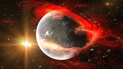 Sunrise view of alien planet from space with red gas planetary ring and stars galaxy background....