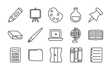 icon set of paper pin and school supplies, line style
