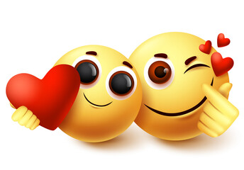 Emoji smiley love couple character vector design. Smiley emojis and emoticon in love facial expression for valentines day isolated in white background. Vector illustration.
