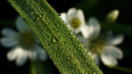 Fototapeta na wymiar blade of grass in dewdrops against a background of blurred white flowers