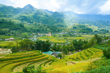 Scenic landscape of rice terraces in rural Northern Vietnam near Sapa town, view of the beautiful...