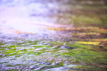 multicolored texture surface of the water stream, clear water, colored stones at the bottom of the river
