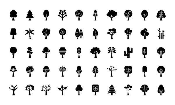 trees silhouette style icon set vector design