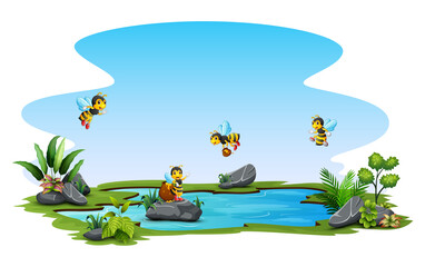 Obraz premium Group of bee flying over a small pool