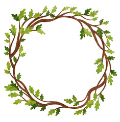 Floral oak wreath, watercolor greenery frame clipart stock illustration. Forest wedding invitation clip art, rustic style.