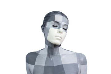 Portrait of a young woman with the creative makeup in shades of grey. Gray and white squares painted on the female face. Isolated on white background.