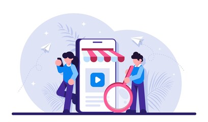 Concept of mobile marketing. Man and woman standing of mobile phone background with magnifying glass. Video on smartphone screen. Modern flat illustration.