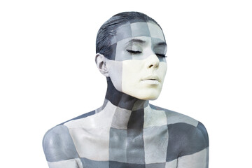 Portrait of a young woman with the creative makeup in shades of grey. Gray and white squares painted on the female face. Isolated on white background.