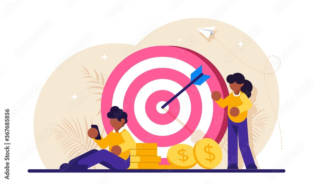 Poster concept of financial target. data analytics, marketing solutions. financial performance. people in t