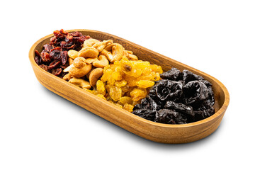 Various dried fruit in a wooden tray on white background with clipping path.