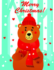 Vector illustration of cute  bear in hat and scarf on the winter background. Christmas card. Illustration for kids