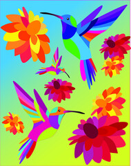 Vector illustration of beautiful colorful small birds and flowers. Fashion summer pattern