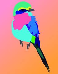 Vector illustration of  beautiful blue  bird  on the colorful background. Fashion illustration