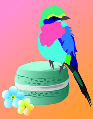 Vector illustration of bird, flower and macaron