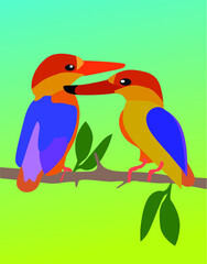 Vector illustration of  beautiful blue  bird and leaves on the colorful background. Fashion illustration