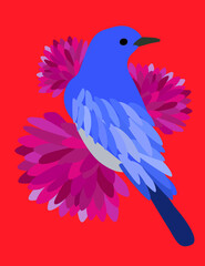 Vector illustration of  beautiful blue  bird and flowers on the colorful background. Fashion illustration