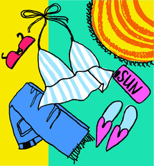 Vector illustration of fashion summer apparel. Travel set luggage for a stylish girl. Holiday fashion set