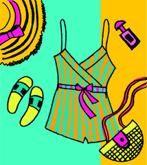 Vector illustration of fashion summer apparel. Travel set luggage for a stylish girl. Holiday fashion set