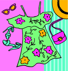 Vector illustration of fashion summer apparel. Travel set luggage for a stylish girl. Holiday fashion set